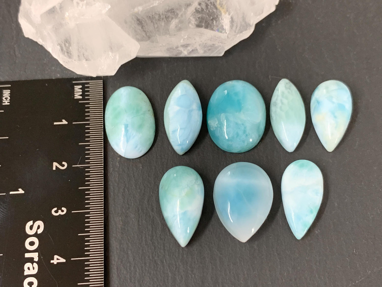 Larimar 17mm long cabochon oval, pear, marquise