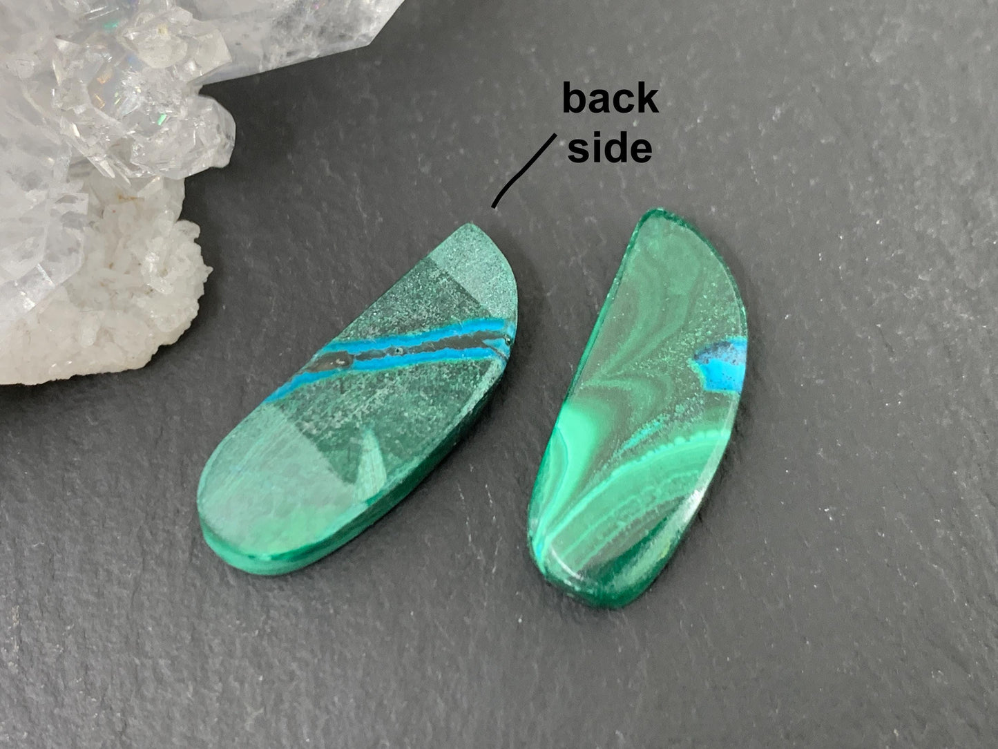 Malachite Chrysocolla free form 8x22x3mm cabochon pair