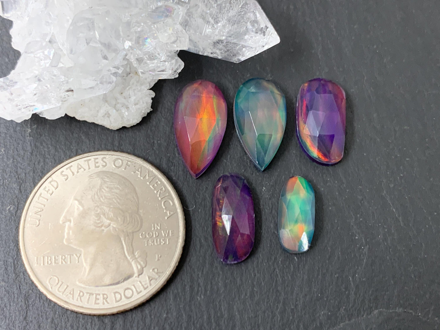 Faceted Aurora Opal pear, oval 11-15mm long cabochon - Doublet cabochon