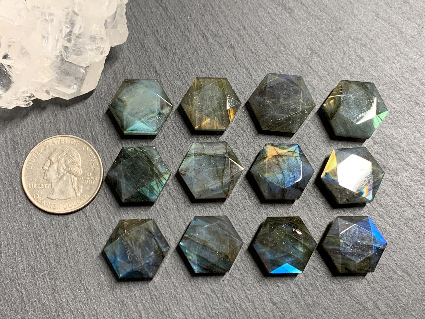 Labradorite hexagon 18mm faceted from both sides - not a cabochon