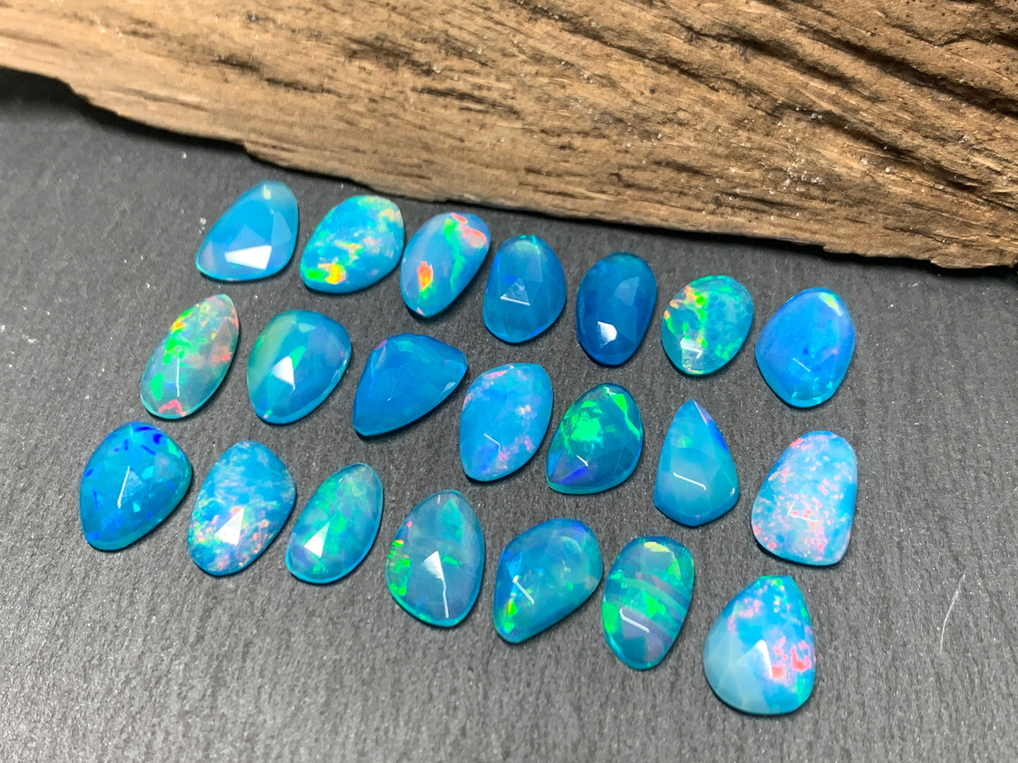 Faceted Blue Ethiopian Opal 8-10mm long cabochon