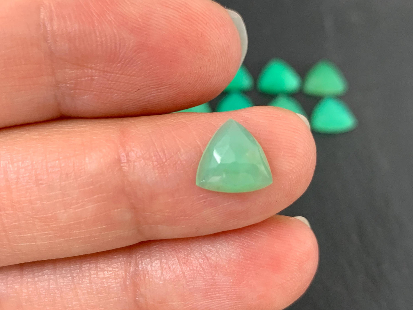 Faceted Chrysoprase trilangle 8mm cabochon