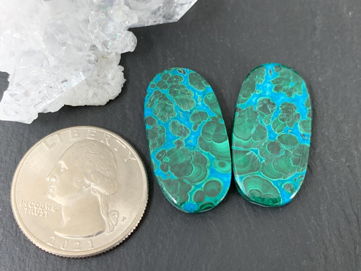 Malachite Chrysocolla oval 14x28x4mm cabochon pair