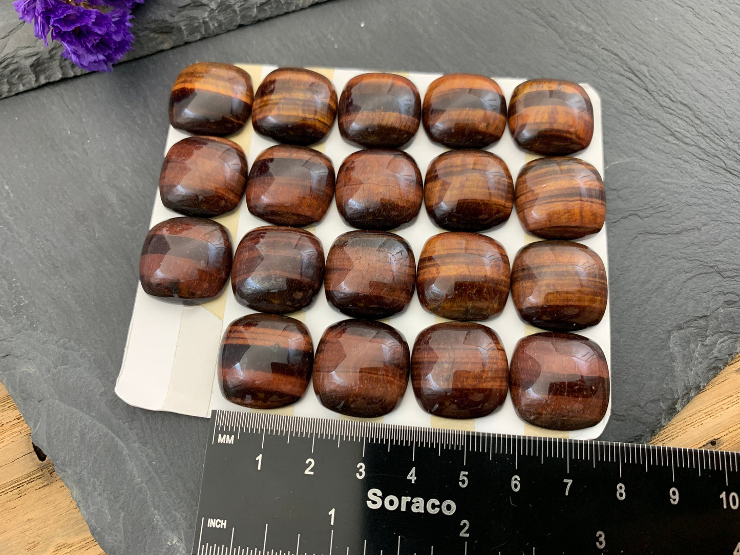 Faceted Red Tiger Eye square cushion 20mm cabochon - Calibrated cabochons