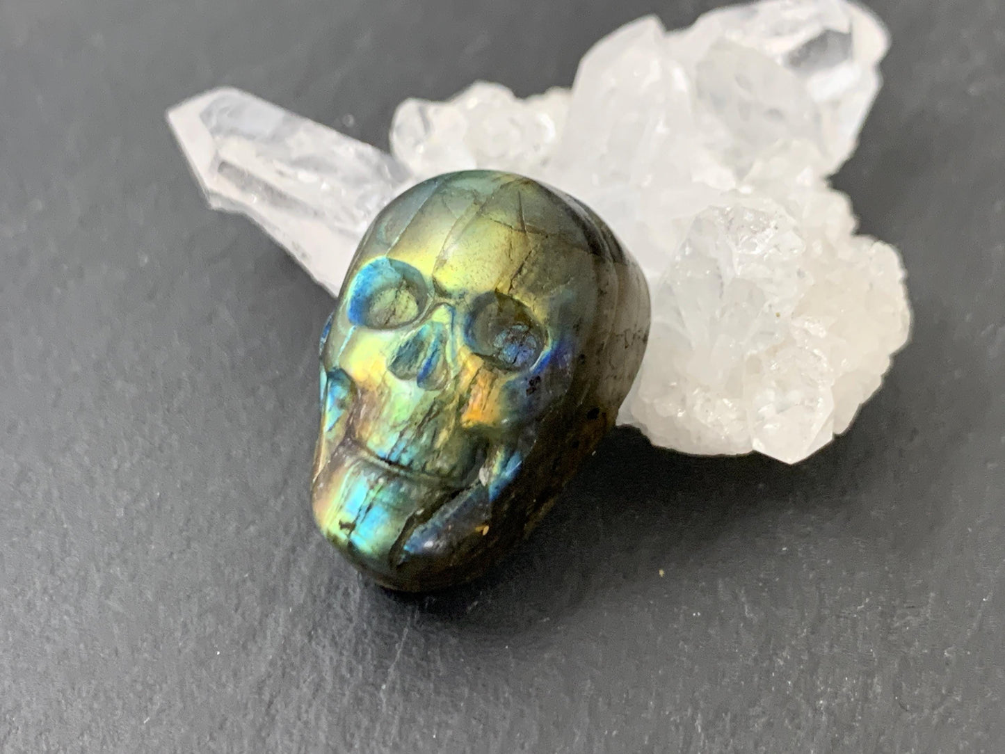 Labradorite Skull Cabochon 15x22mm - Natural Green Flat Back Carving Gemstone