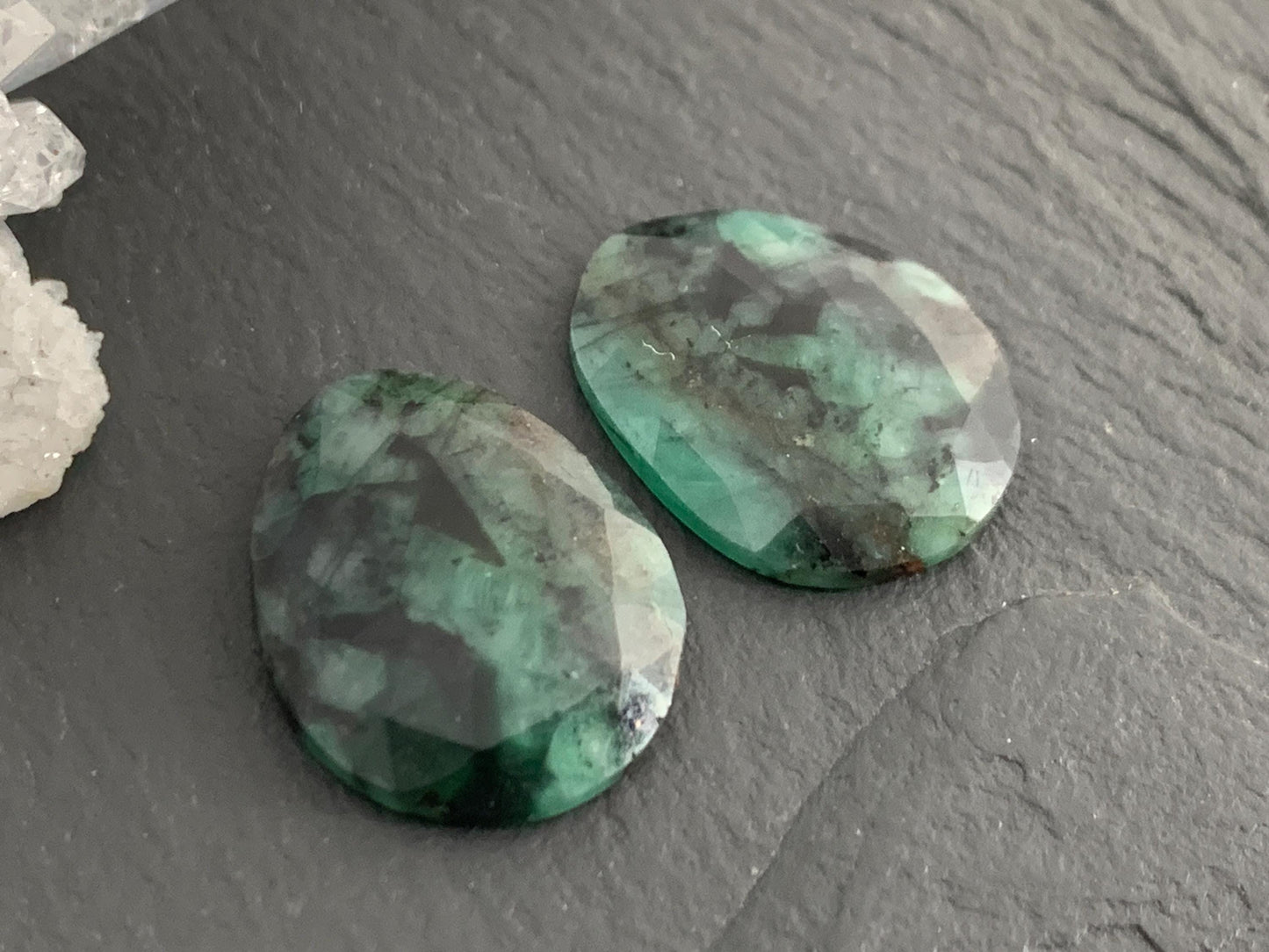 Faceted Emerald Pair 15x18x3mm cabochon