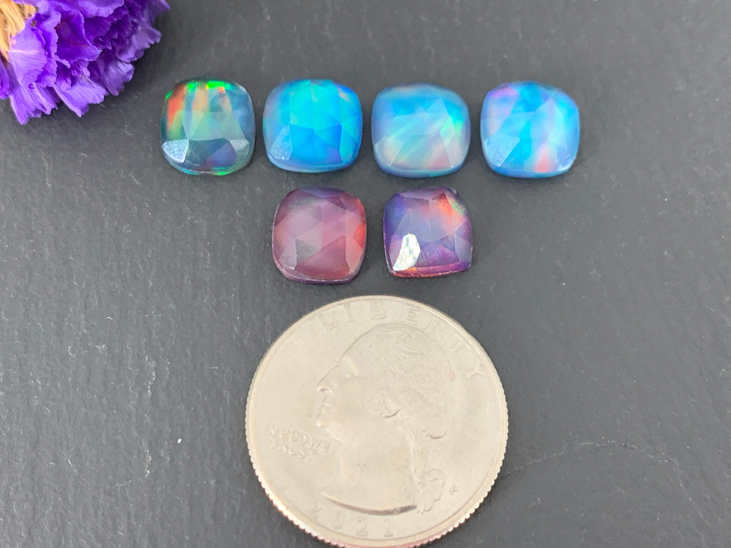 Faceted Aurora Opal square cabochon - Doublet cabochon