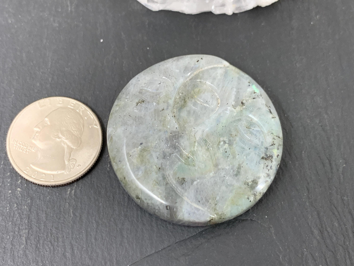 Labradorite Sun Moon Carving – Natural 43mm Flat Back Gemstone Art
