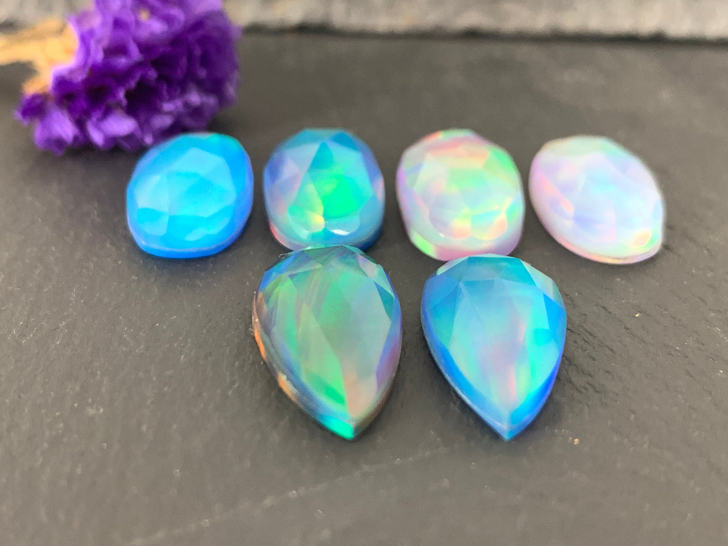 Faceted Aurora Opal oval, pear 10x20mm cabochon - Doublet cabochons