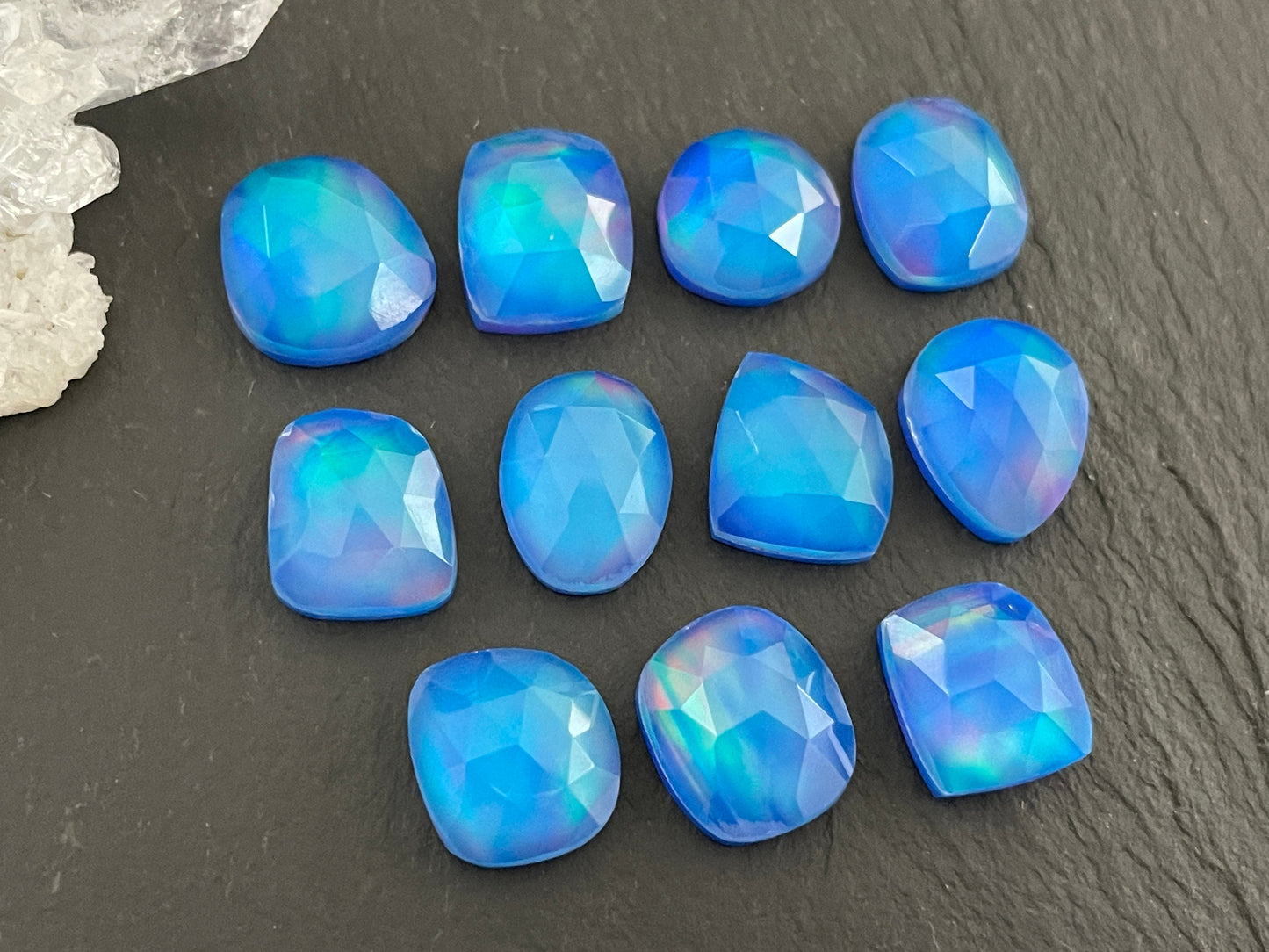 Faceted Aurora Opal 11-12mm long cabochon - Doublet cabochons
