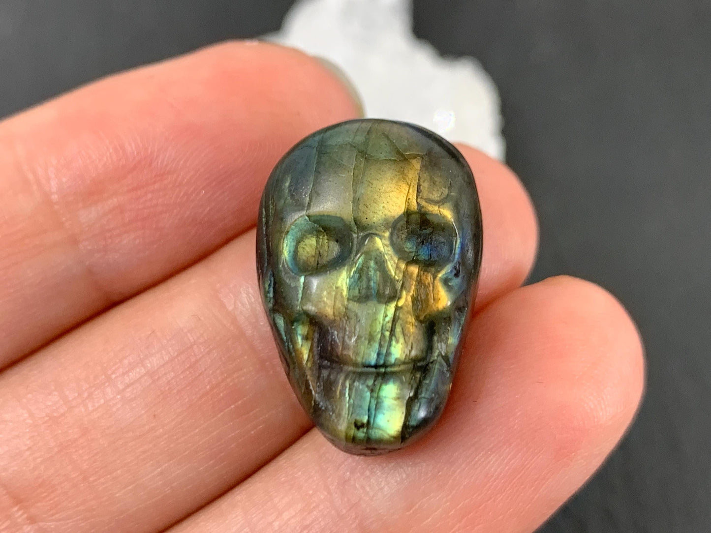 Labradorite Skull Cabochon 15x22mm - Natural Green Flat Back Carving Gemstone
