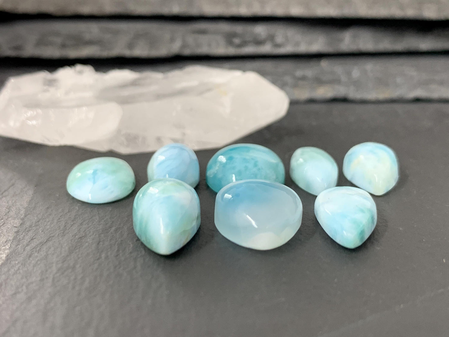 Larimar 17mm long cabochon oval, pear, marquise