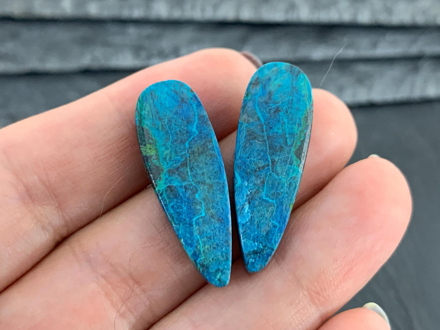 Chrysocolla pear 10x29x5mm cabochon pair