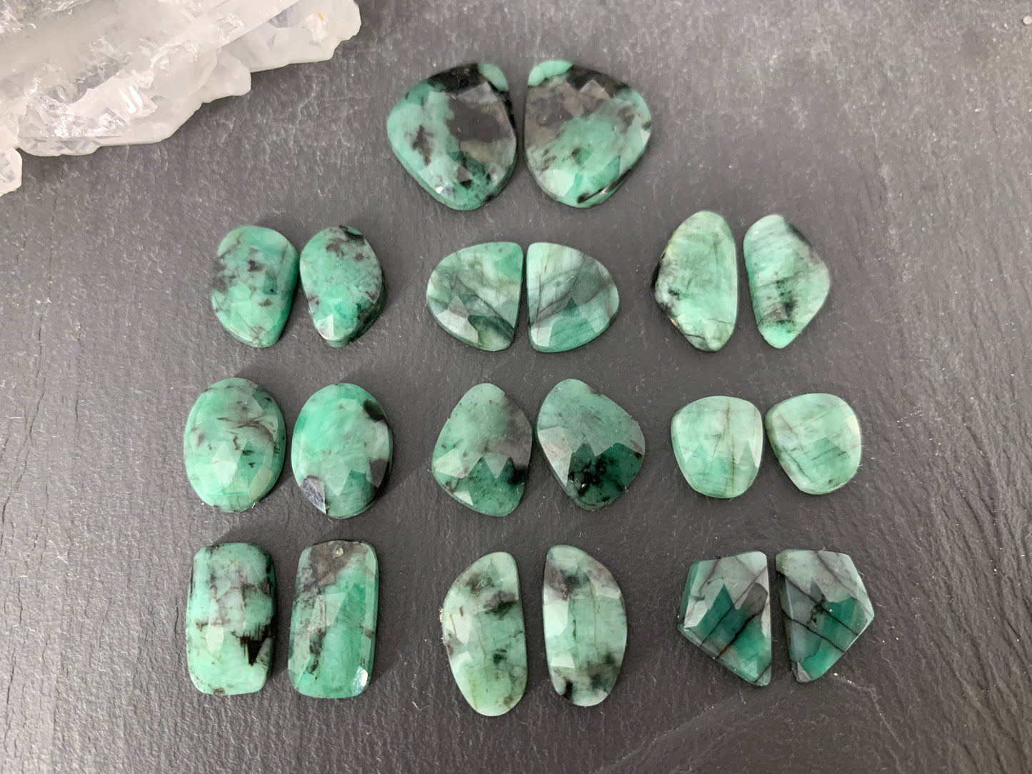 Faceted Emerald Pair 13-17mm long cabochon
