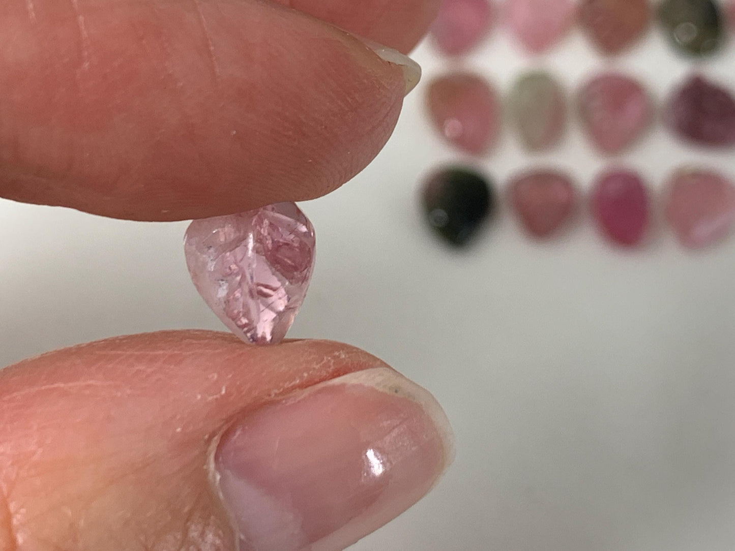 Discounted damaged carved Watermelon Tourmaline 7-10mm long cabochon