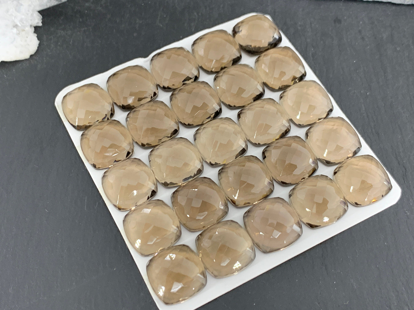 Faceted Smokey Quartz square cushion 14mm cabochon - Calibrated cabochons