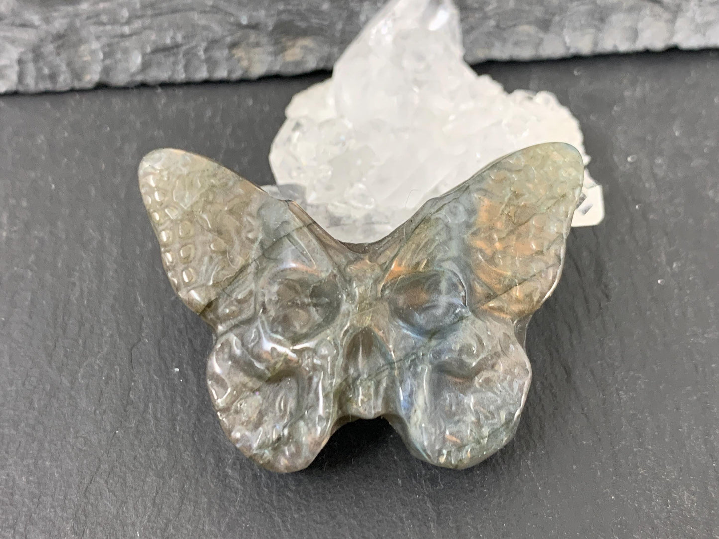 Ghost Face Butterfly Carving – Hand Carved Gemstone Flat Back Gem 29x40mm