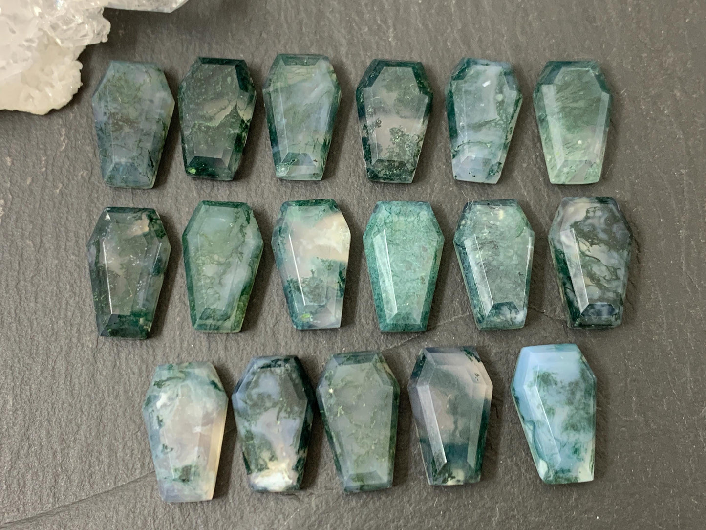 Faceted Moss Agate coffin 10x16mm cabochon