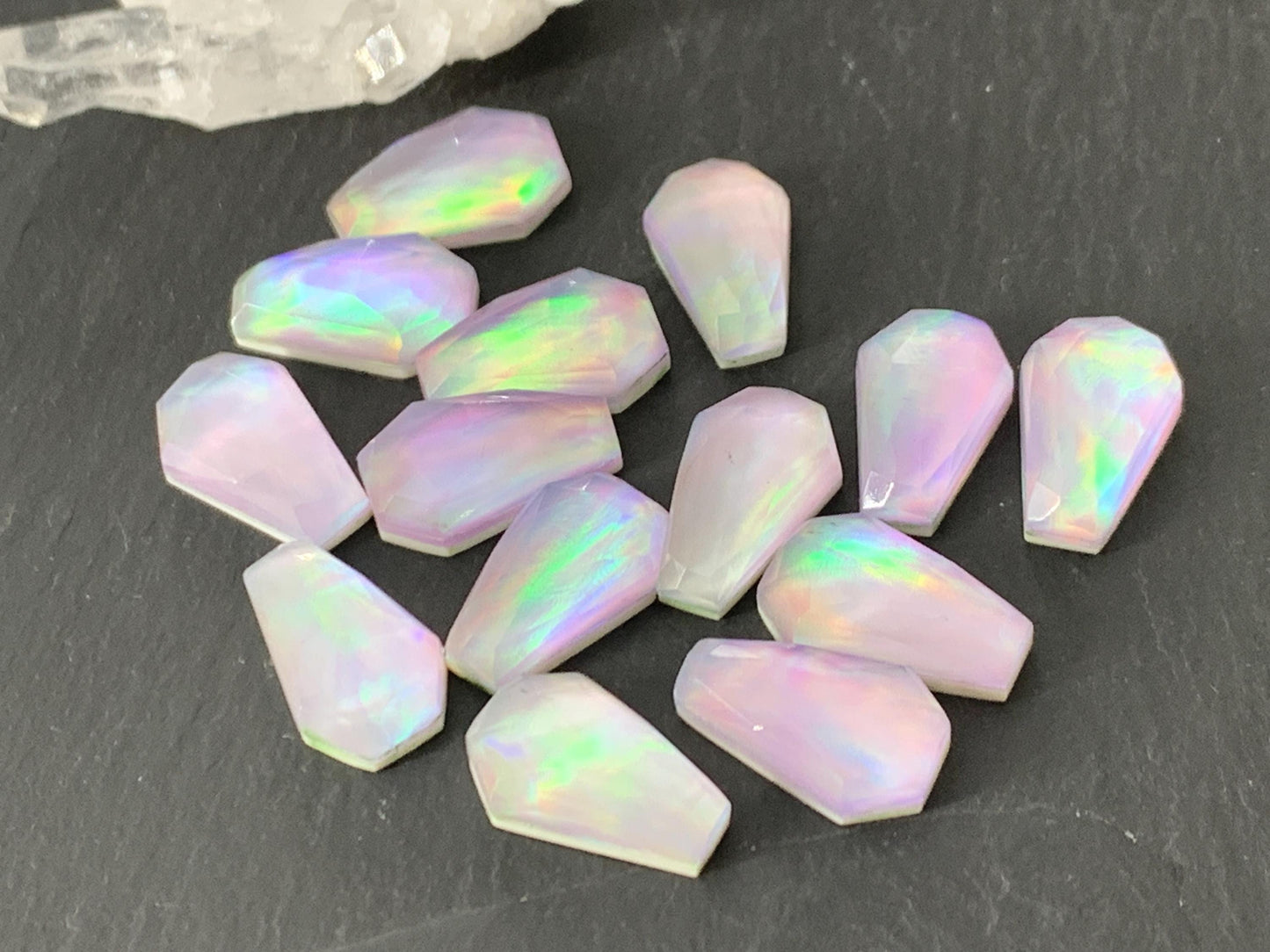 Faceted Aurora Opal coffin 10x16mm cabochon - Doublet cabochons