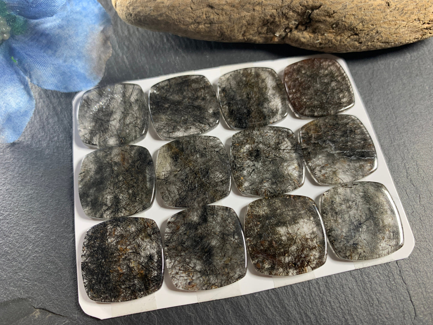 Flat Black Rutilated Quartz square cushion 20mm cabochon - Calibrated Cabochons