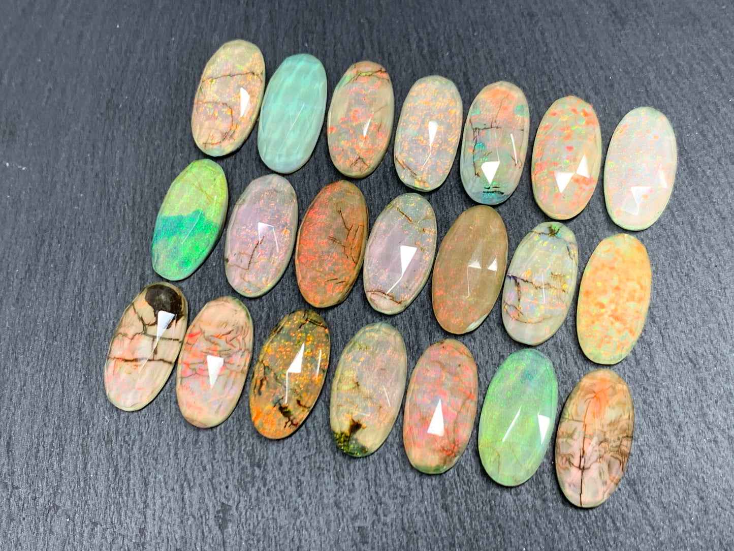 Faceted Monarch Opal oval 10x20mm cabochons - Doublet cabochons