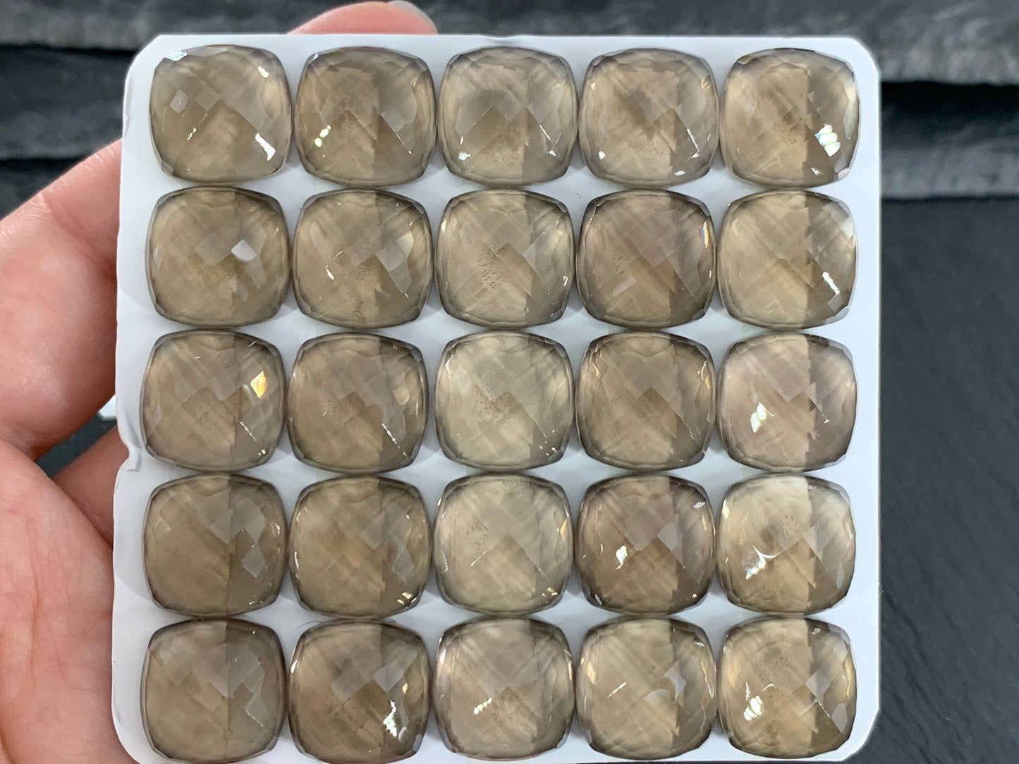 Faceted Smokey Quartz square cushion 14mm cabochon - Calibrated cabochons