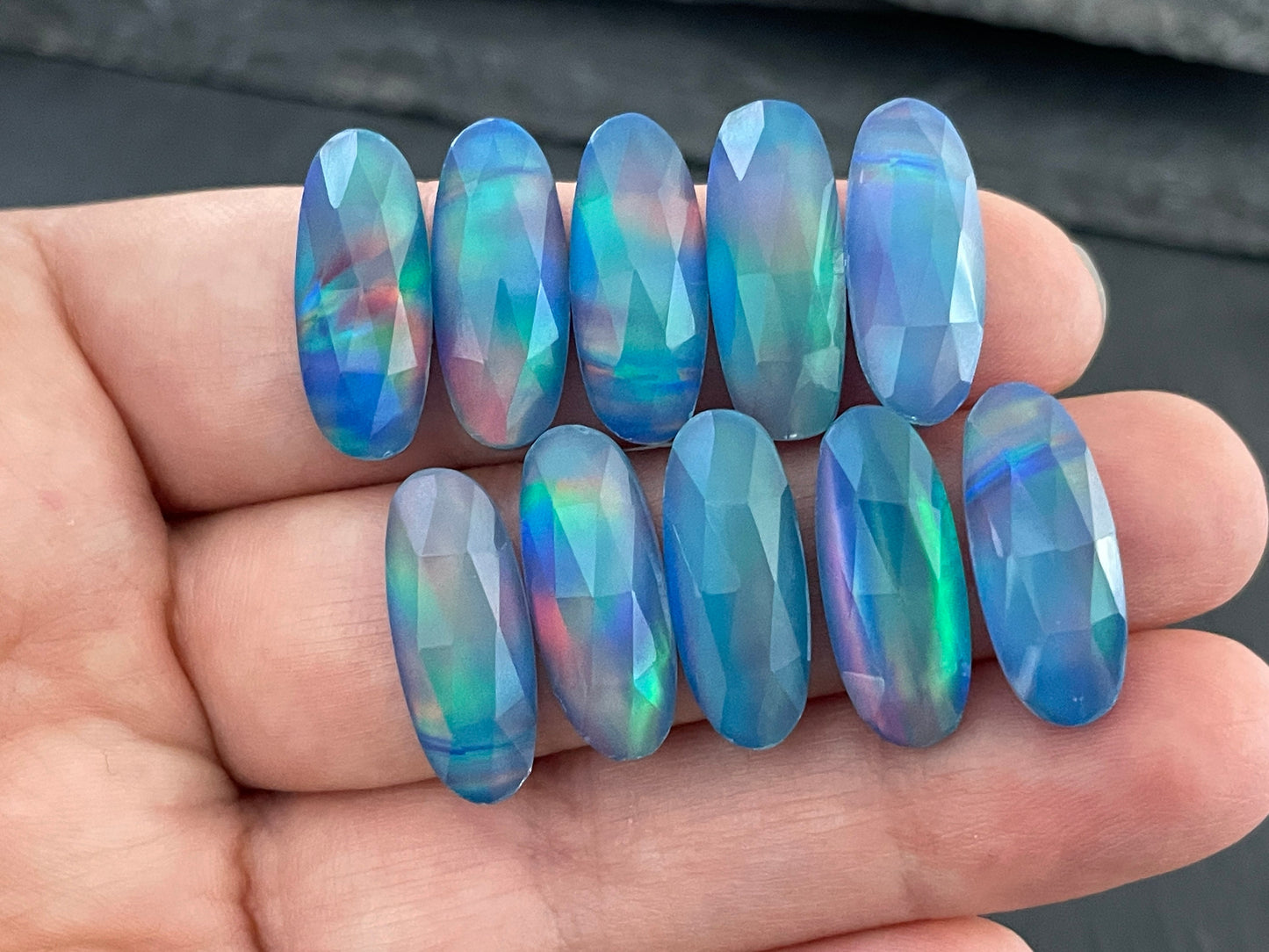 Faceted Aurora Opal oval 8x20mm cabochon - Doublet cabochons