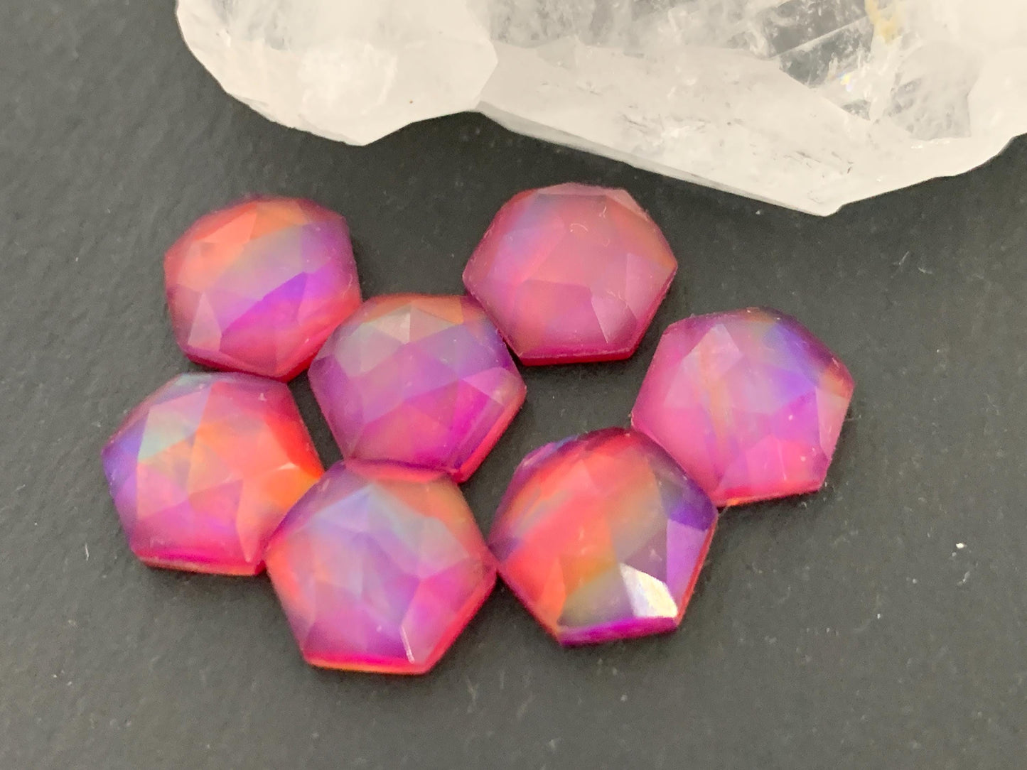 Faceted Aurora Opal hexagon 10mm cabochon - Doublet cabochons