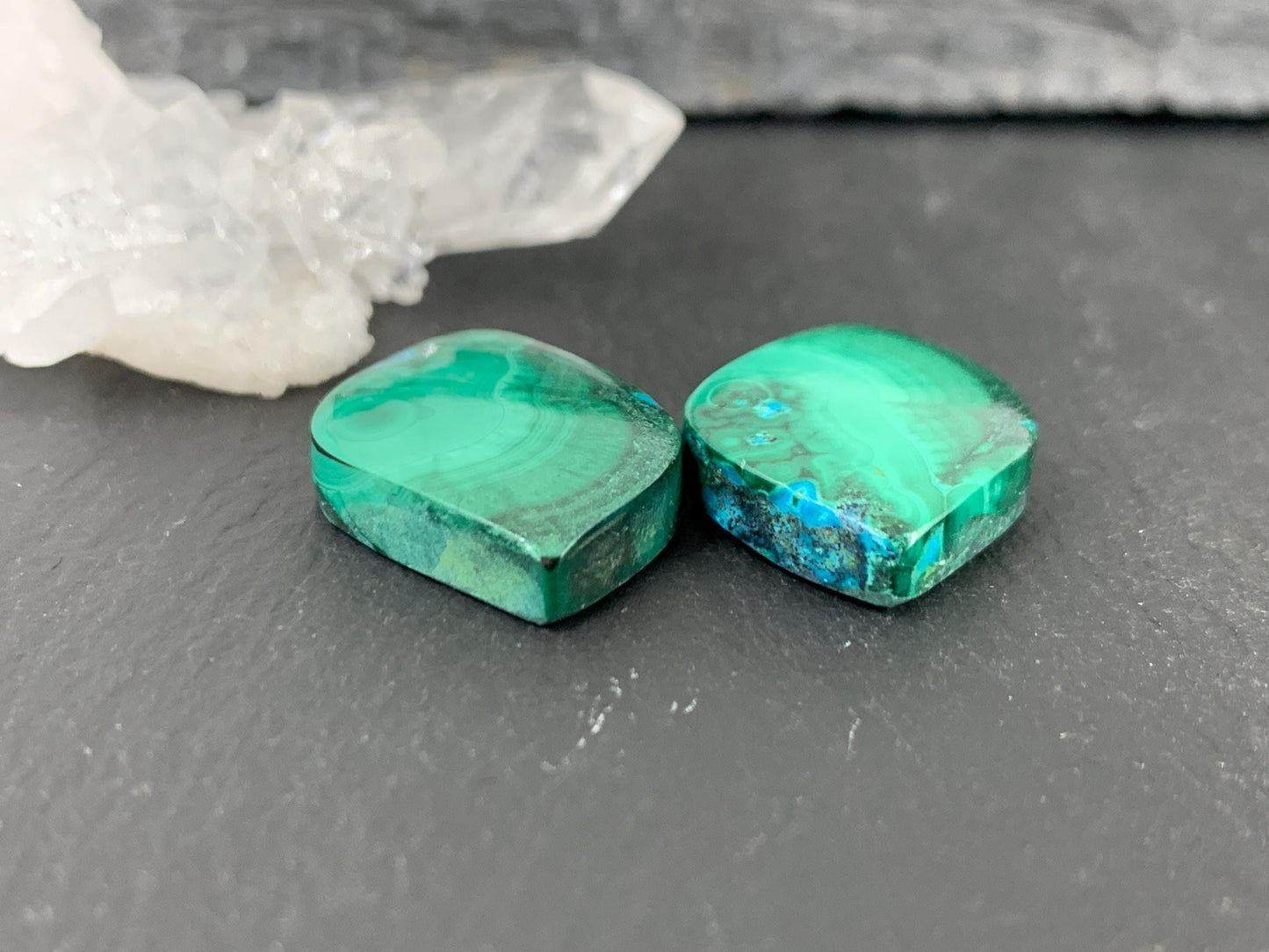 Malachite Chrysocolla free form 14x21x5mm cabochon pair