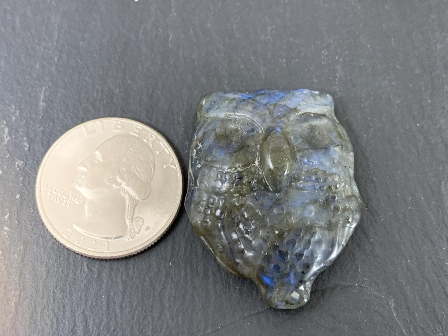 Labradorite Owl Carving 27x35mm Flat Back Gemstone - Natural Iridescent Stone