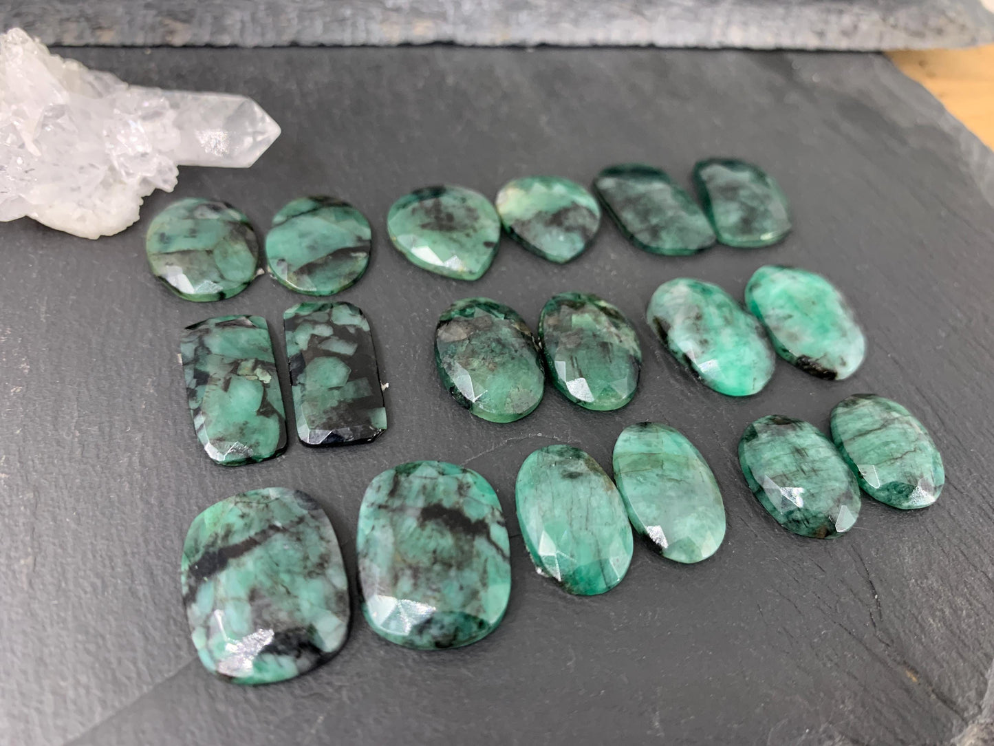 Faceted Emerald Pair 16-21mm long Cabochon