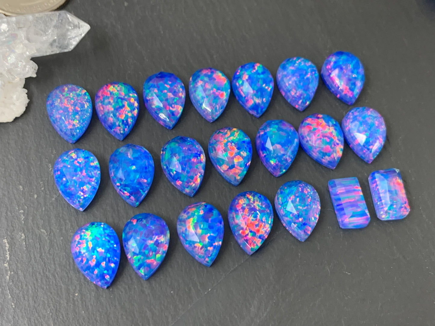 Faceted Aurora Opal Pear 10x14mm, rectangle 7x12mm doublet cabochons - Doublet cabochons