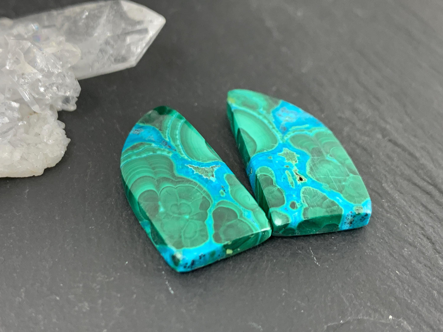 Malachite Chrysocolla free form 13x25x4mm cabochon pair