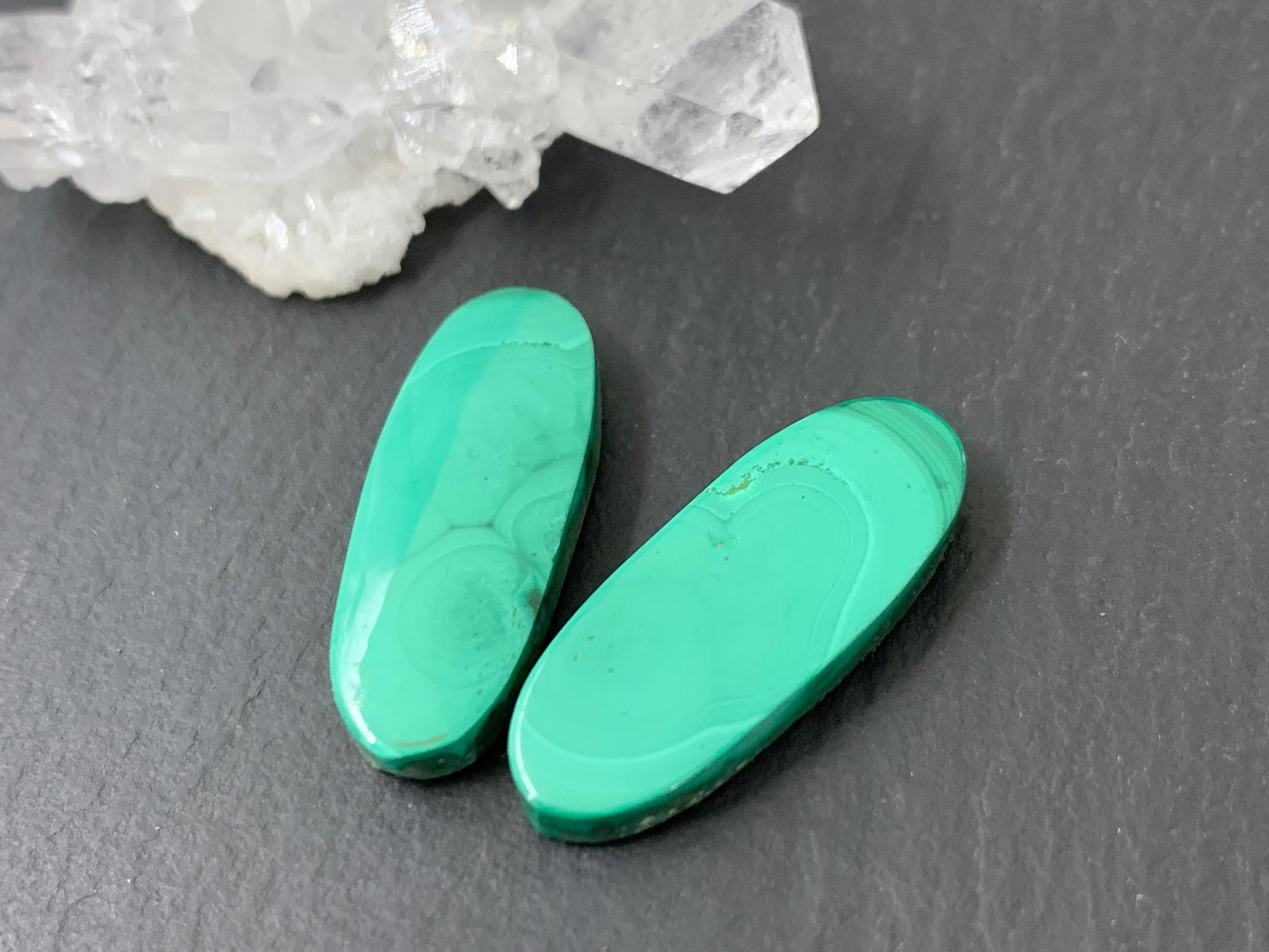 Malachite oval 9x25x4mm cabochon pair