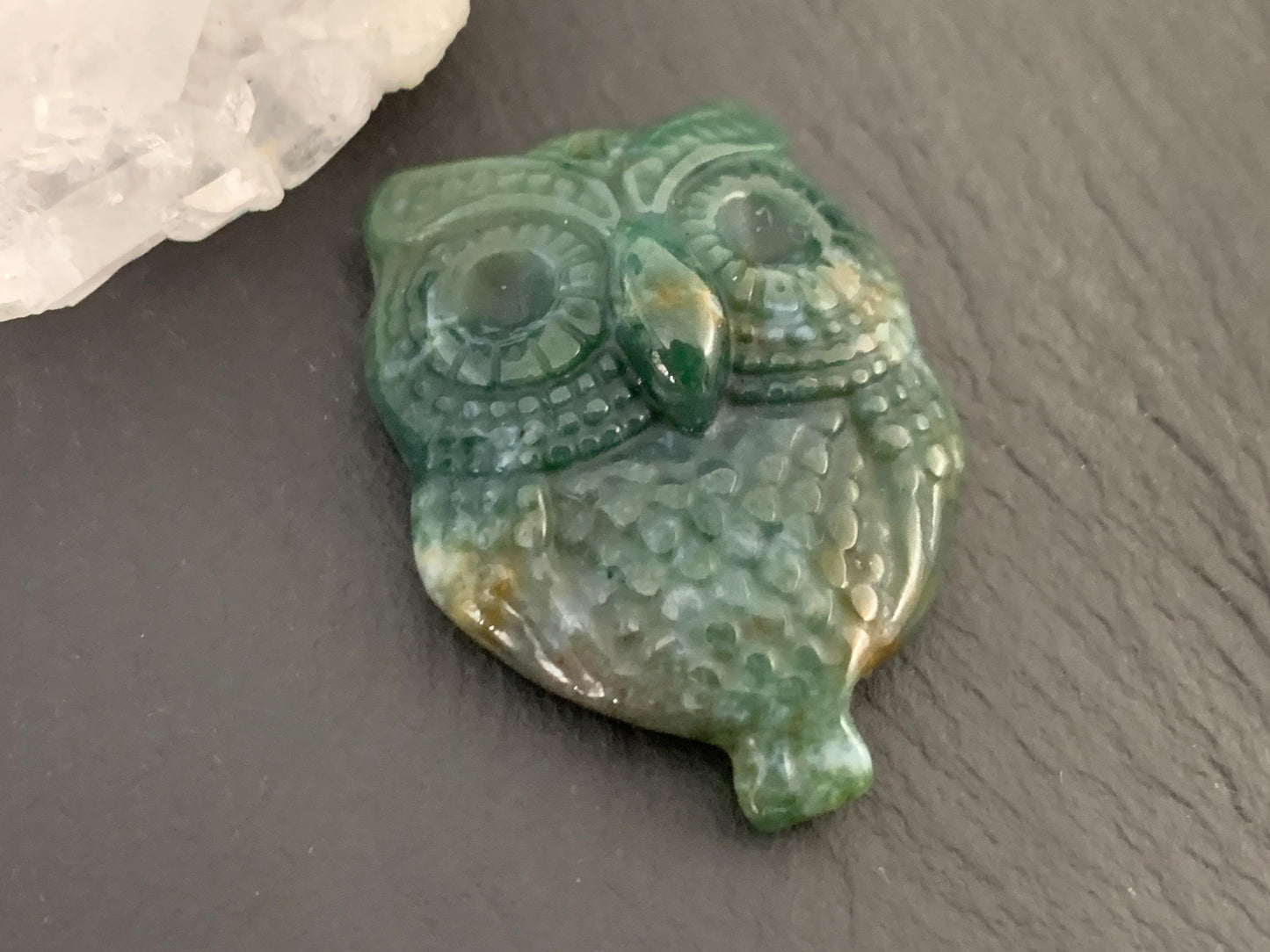 Ocean Jasper owl top drilled 26x35mm cabochon carving
