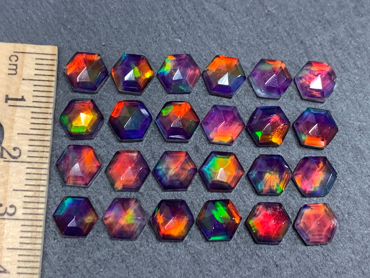 Faceted Aurora Opal hexagon 7mm cabochon - Doublet cabochons