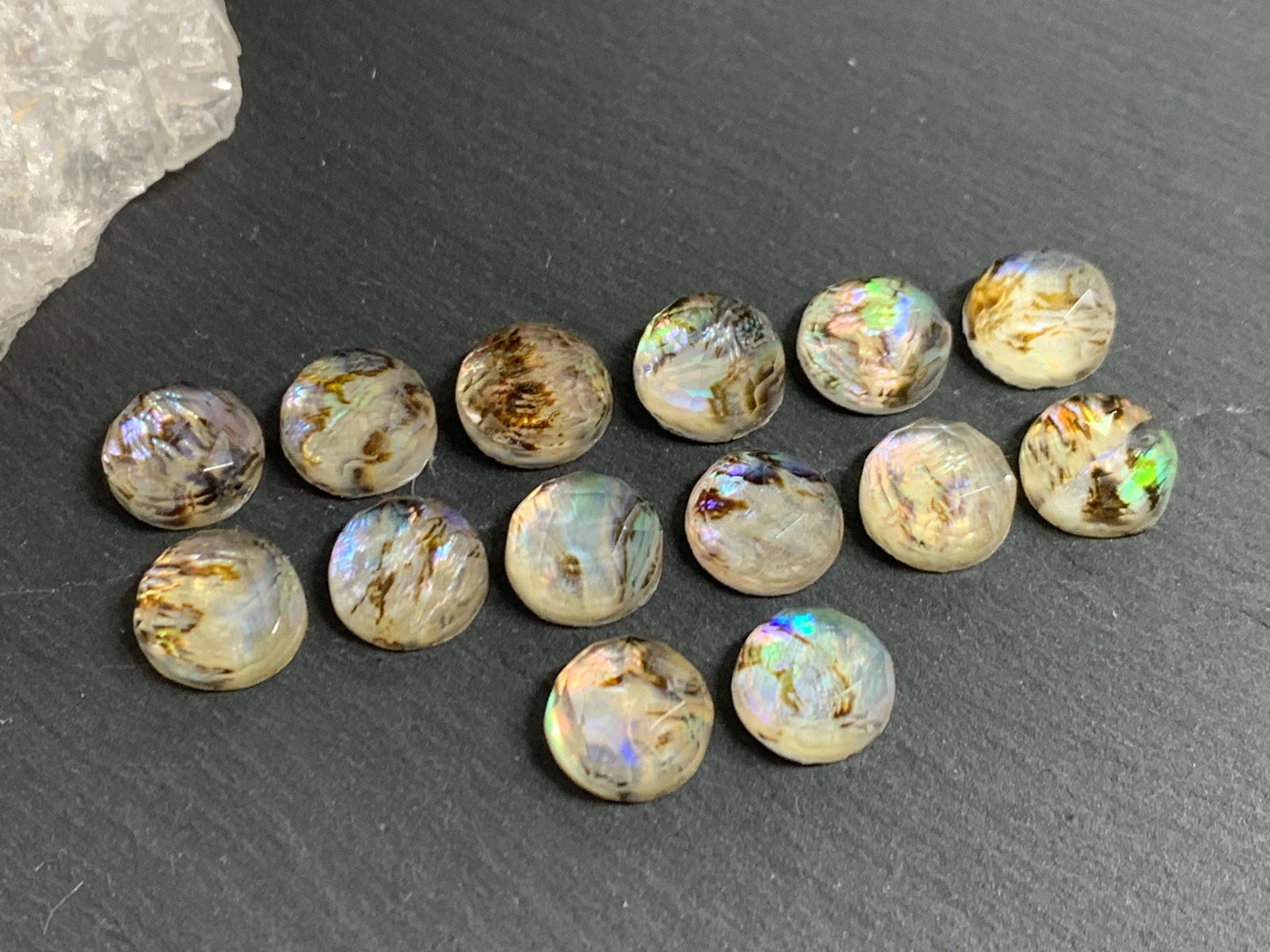 Faceted Abalone Crystal round 10mm doublet cabochon