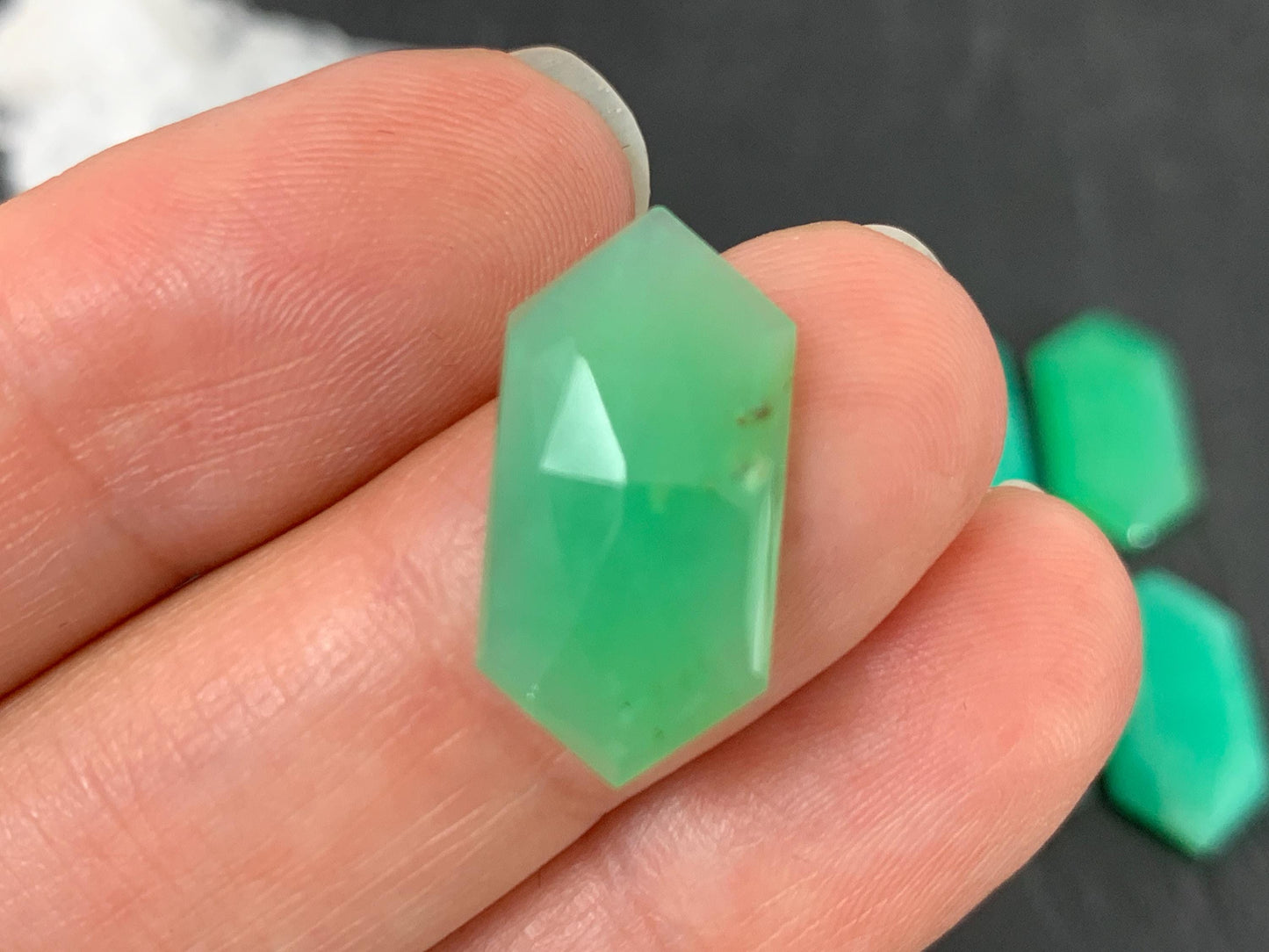 Faceted Chrysoprase hexagon 10x20mm cabochon