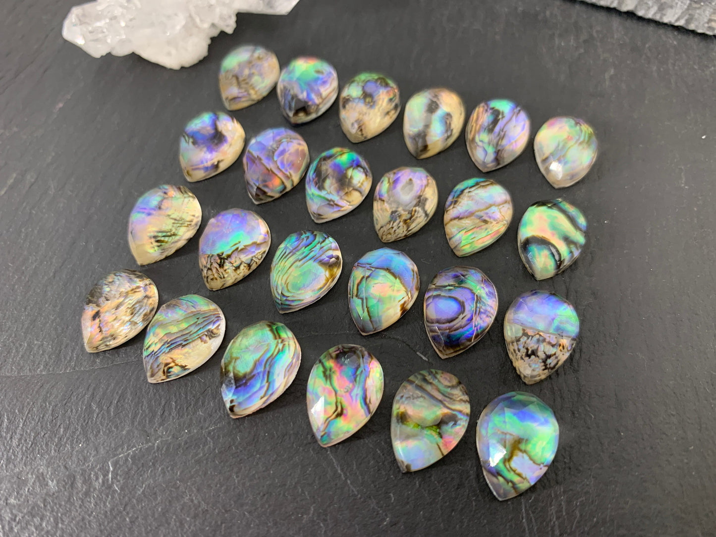 Rose Cut Abalone Crystal Doublet Pear 10x14mm Cabochon