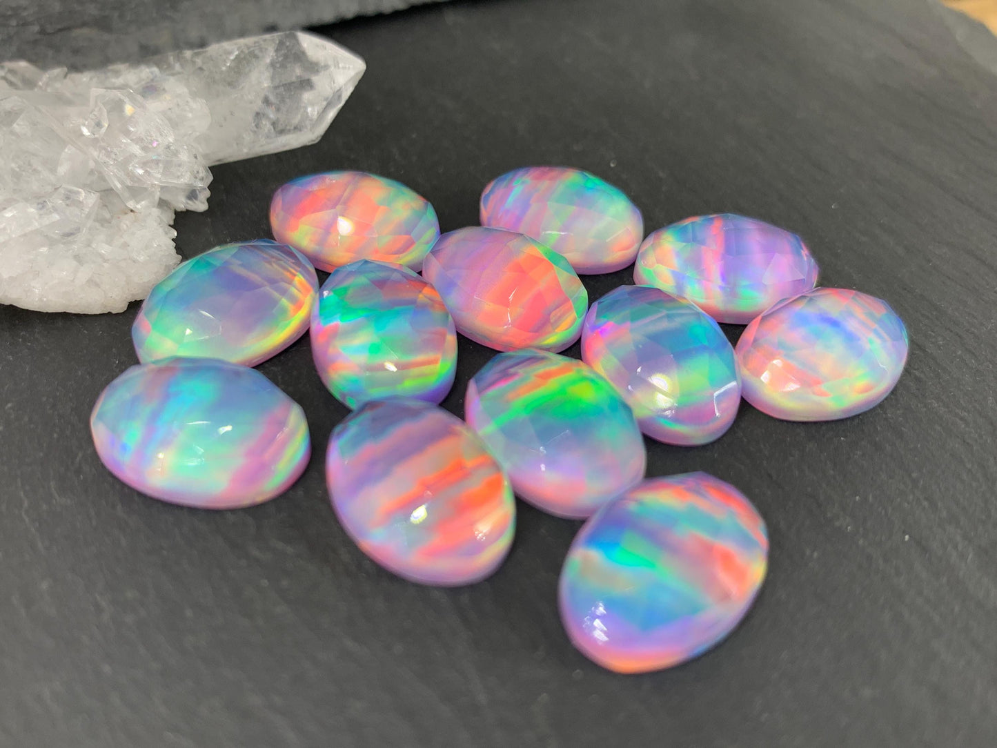 Faceted Aurora Opal oval 10x14mm cabochons - Doublet cabochons
