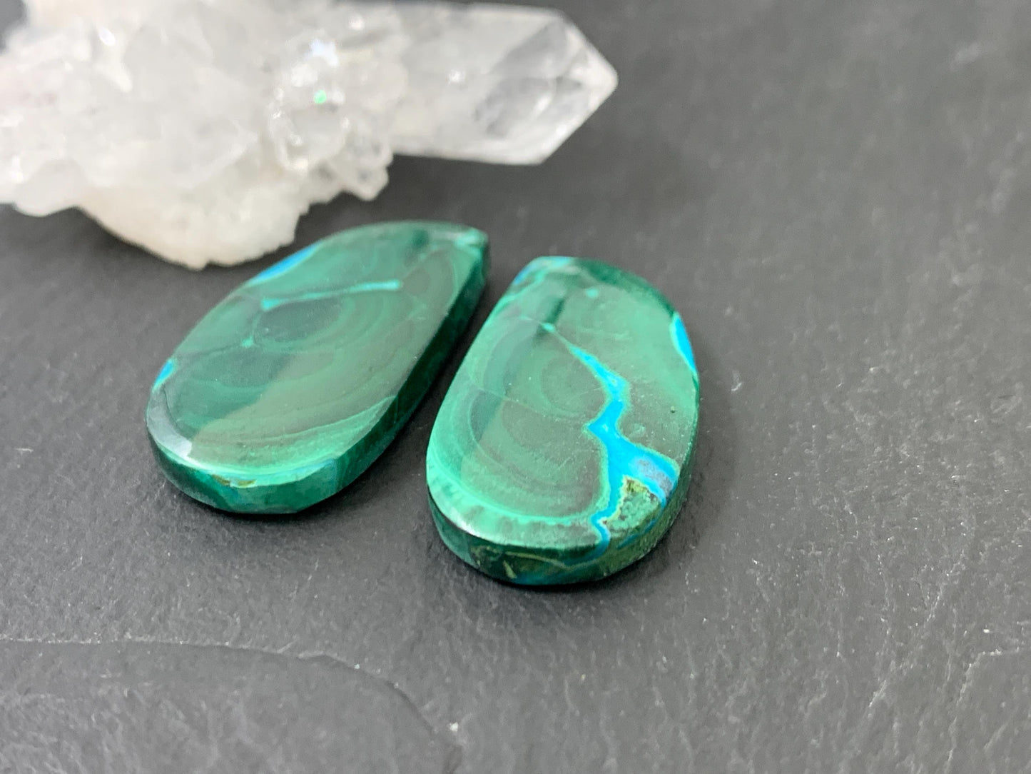 Malachite Chrysocolla free form 13x25x3.5mm cabochon pair