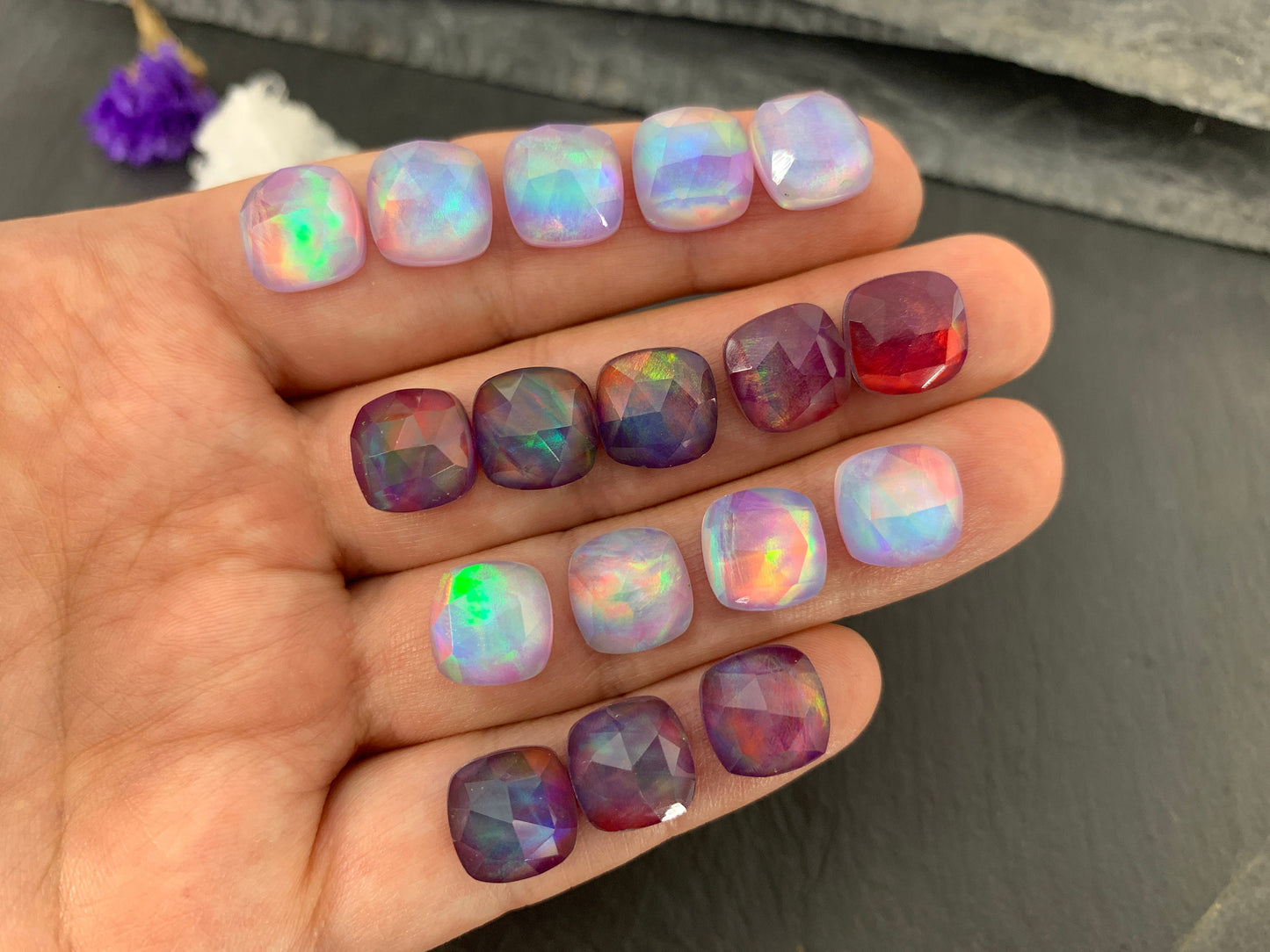 Faceted Aurora Opal square 10mm cabochon - Doublet cabochons