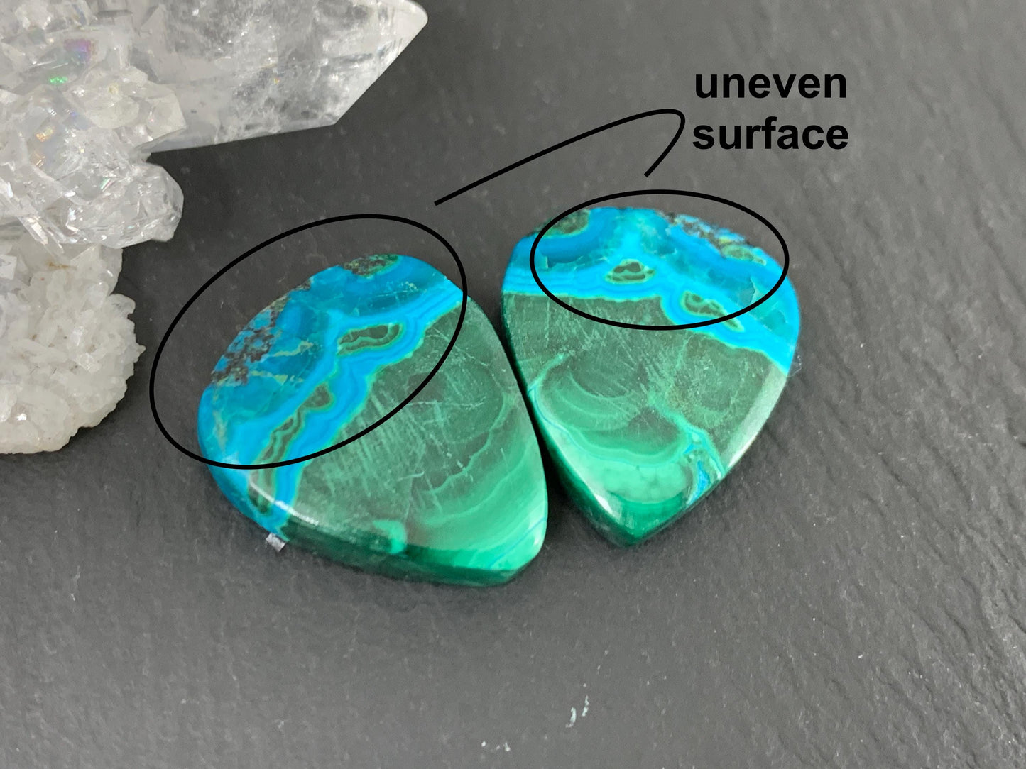 Malachite Chrysocolla pear 15x18x4.5mm cabochon pair