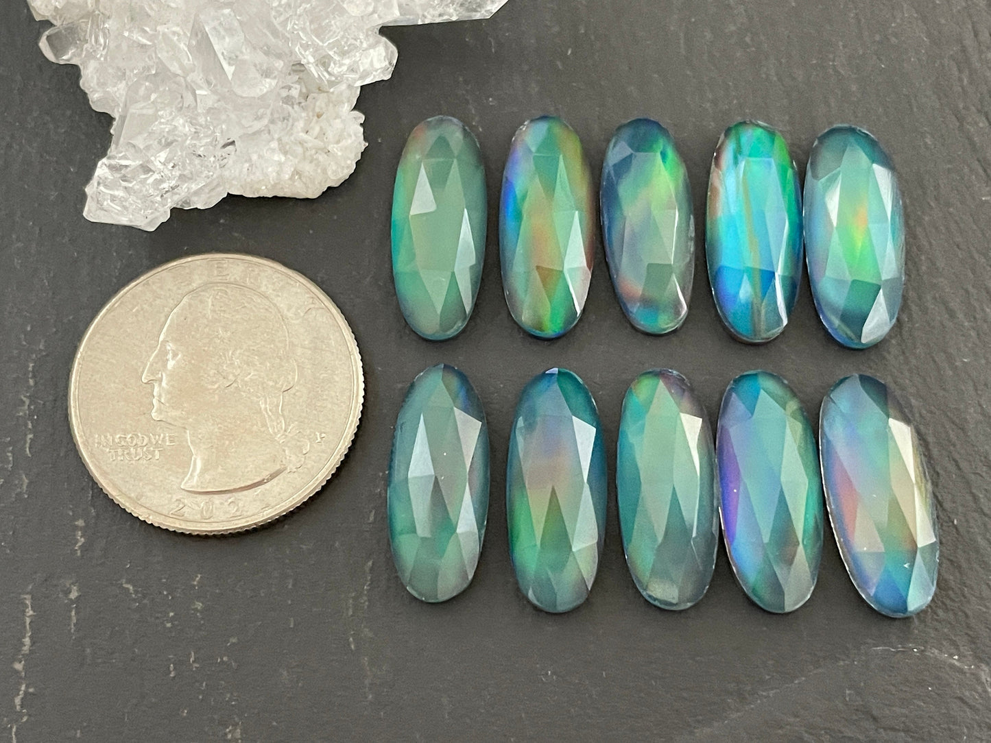 Faceted Aurora Opal oval 8x20mm cabochon - Doublet cabochon