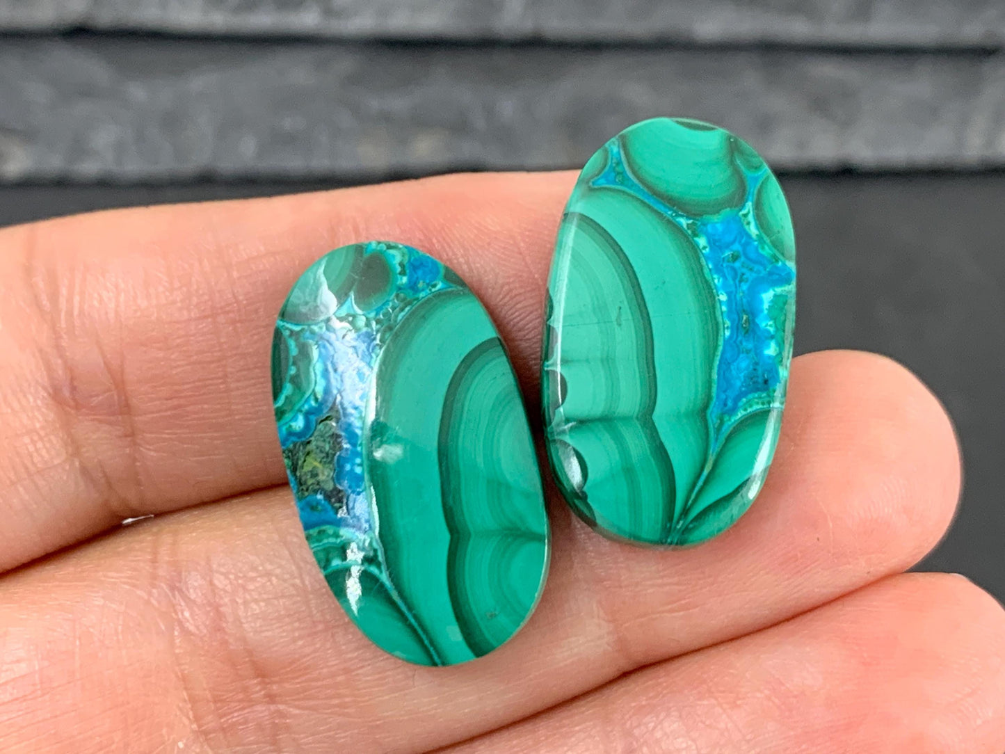 Malachite Chrysocolla oval 14x24x4mm cabochon pair