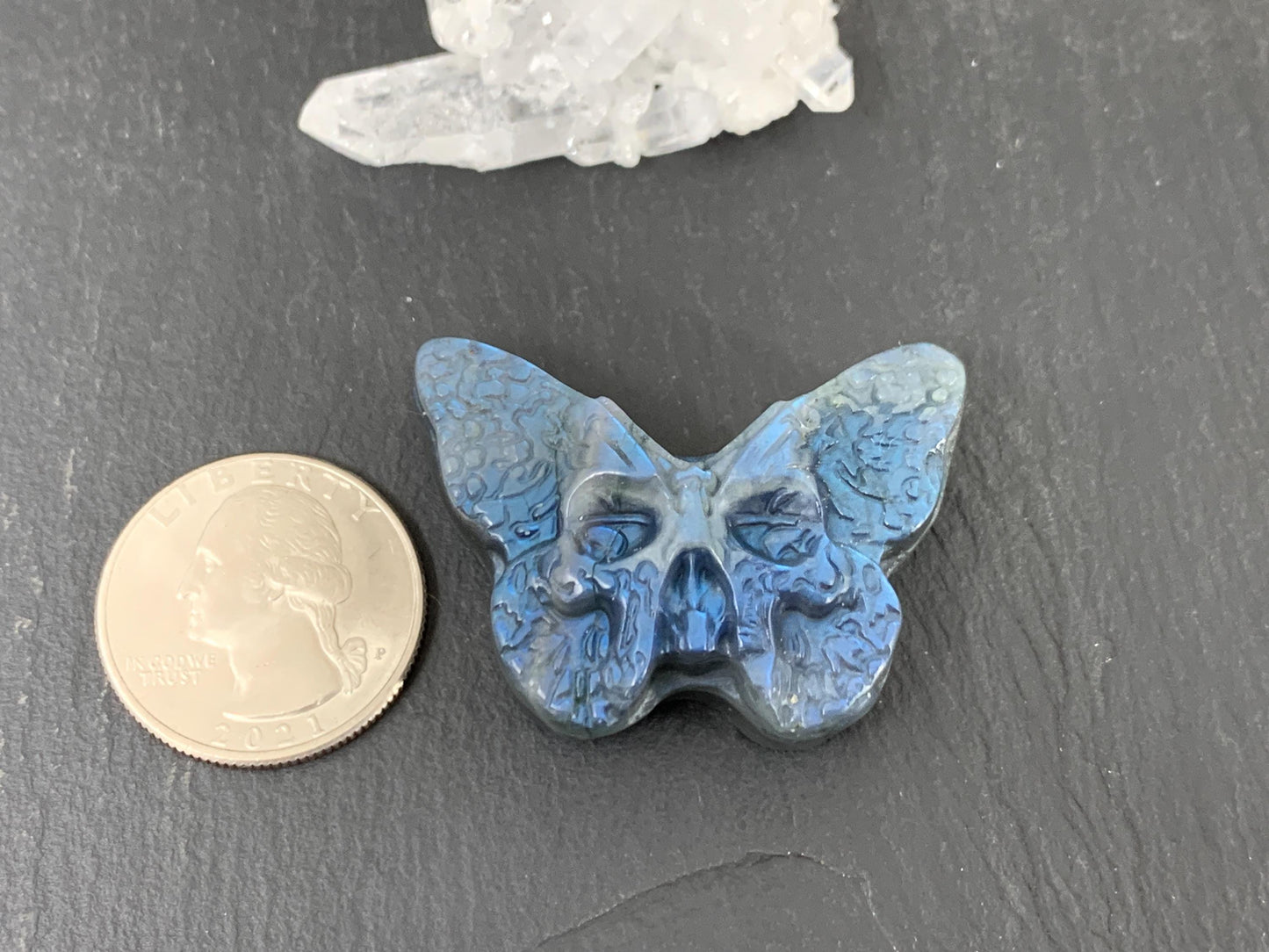Ghost Face Butterfly Carving - Hand Carved Gemstone, Natural Labradorite Stone Gift