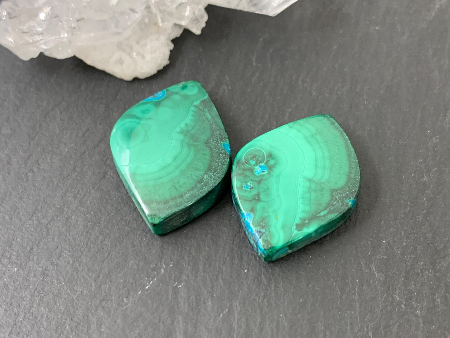 Malachite Chrysocolla free form 14x21x5mm cabochon pair