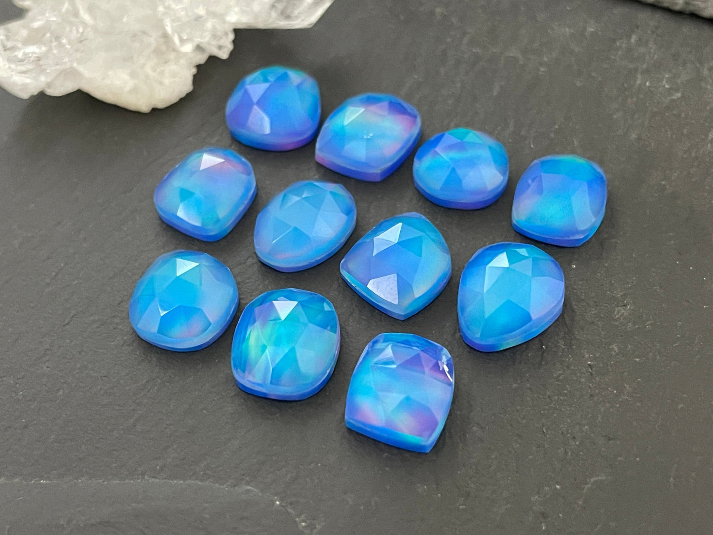 Faceted Aurora Opal 11-12mm long cabochon - Doublet cabochons