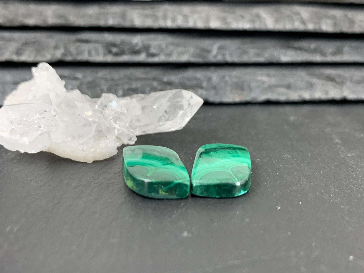 Malachite free form 10x20x4mm cabochon pair