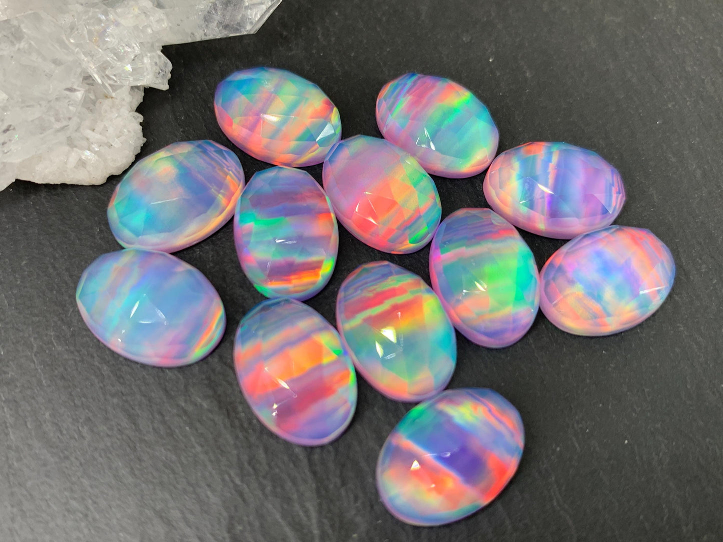Faceted Aurora Opal oval 10x14mm cabochons - Doublet cabochons